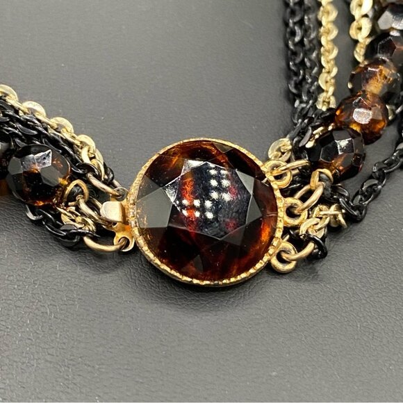 Vintage Brown Glass Multistrand Necklace in Black and Gold Chain - Picture 2 of 7